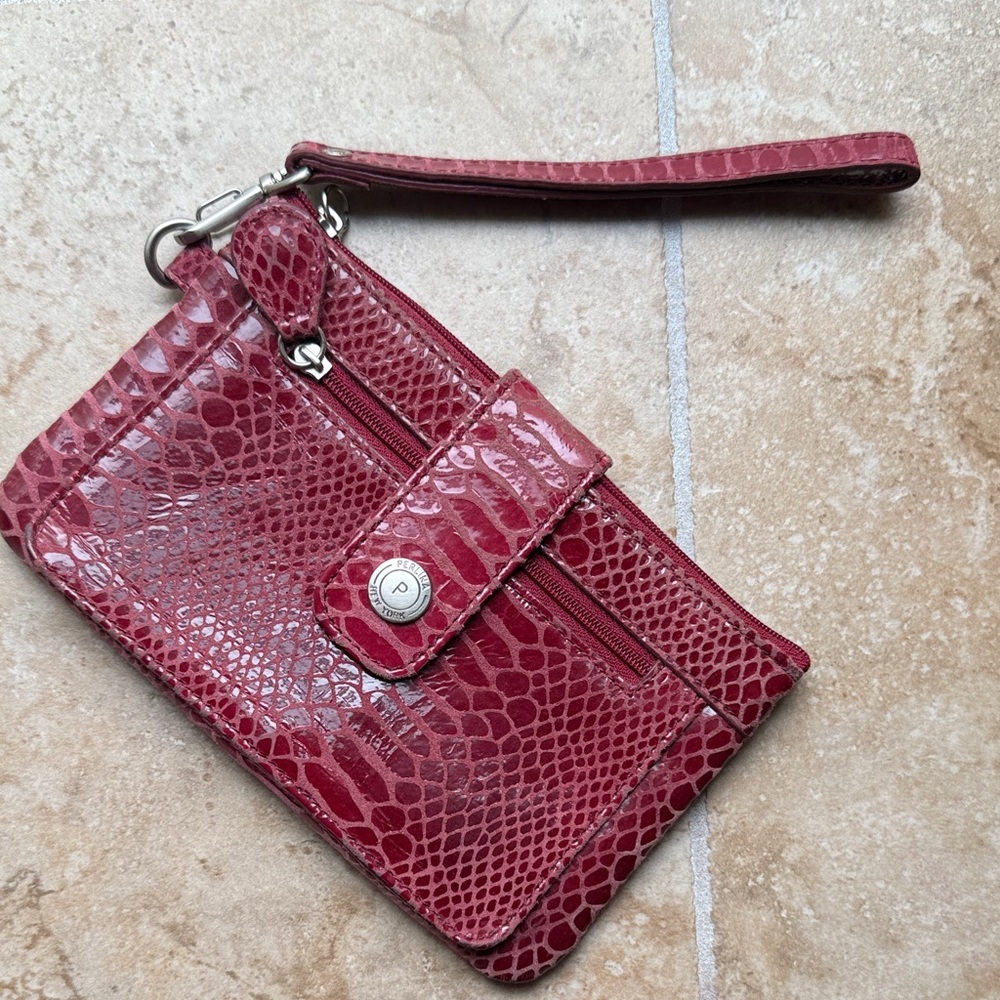 Perlina New York Reptile Embossed Red Leather Wristlet Clutch Wallet Zip & Slip